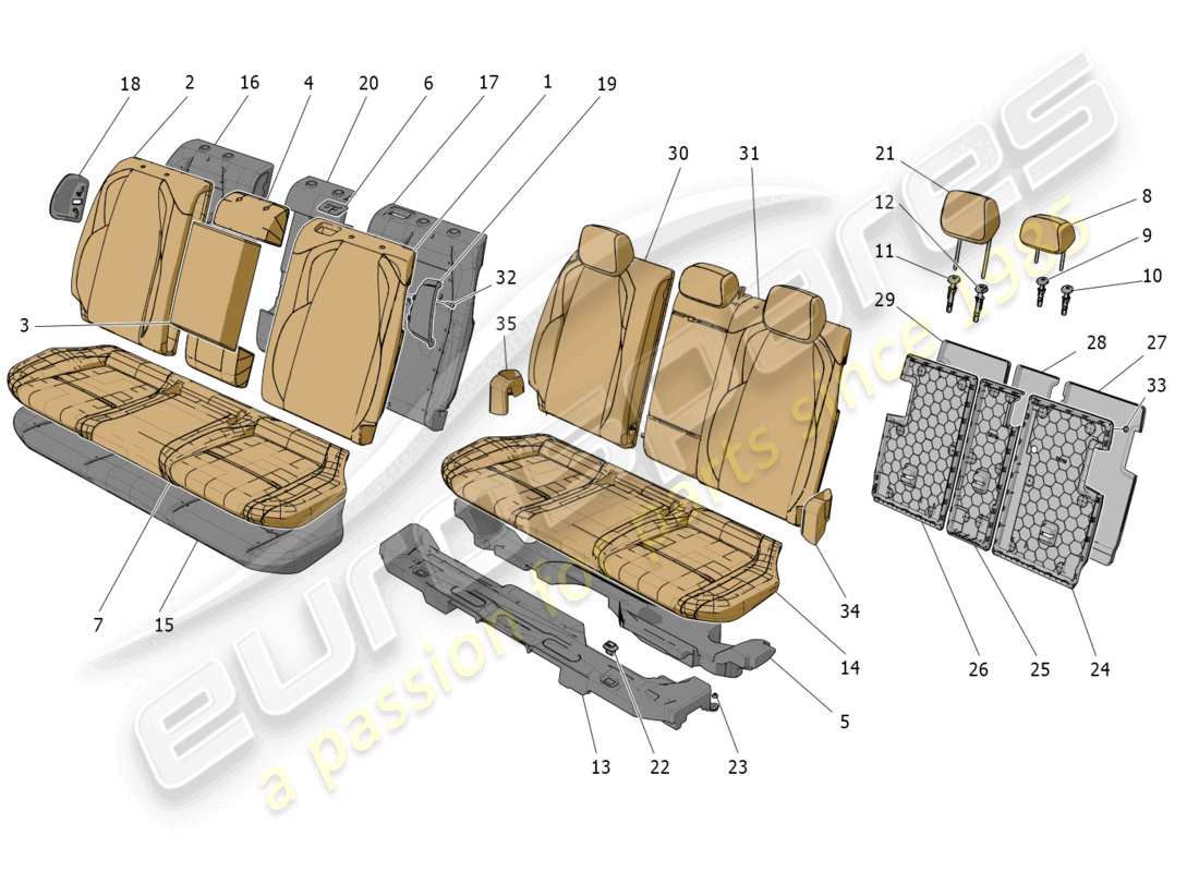 maserati grecale gt (2023) rear seats: trim panels parts diagram