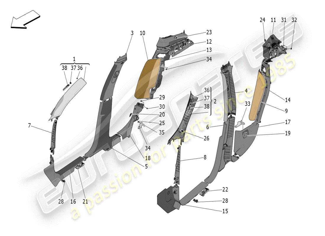 maserati grecale modena (2023) passenger compartment b pillar trim panels and side panels part diagram