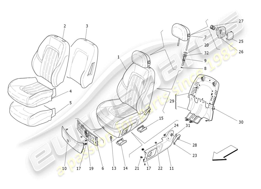 maserati levante modena (2022) front seats: trim panels parts diagram
