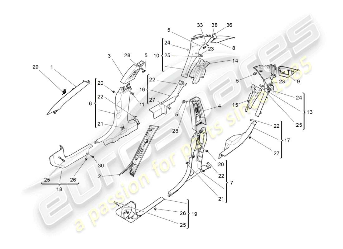 maserati ghibli (2014) passenger compartment b pillar trim panels and side panels parts diagram