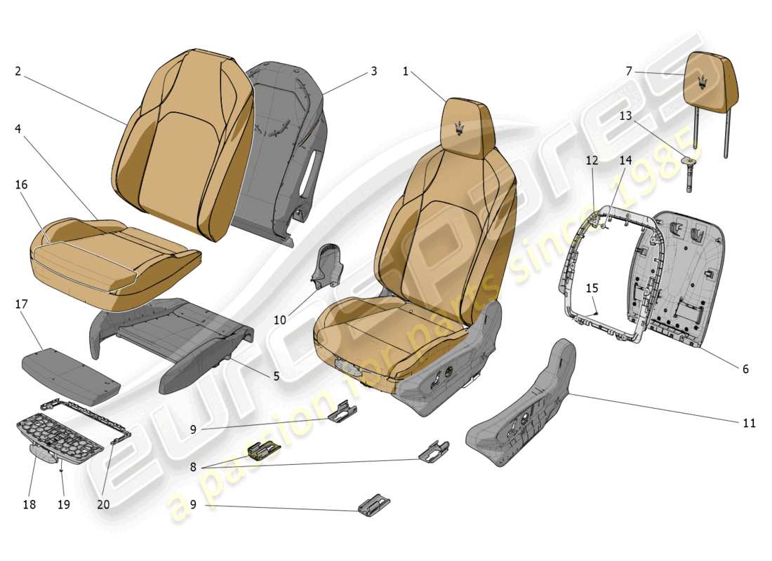 maserati grecale gt (2023) front seats: trim panels part diagram