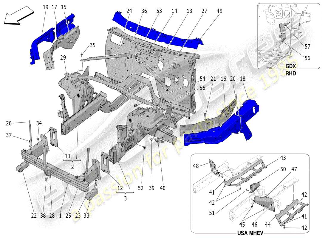 maserati grecale modena (2023) front structural frames and sheet panels part diagram