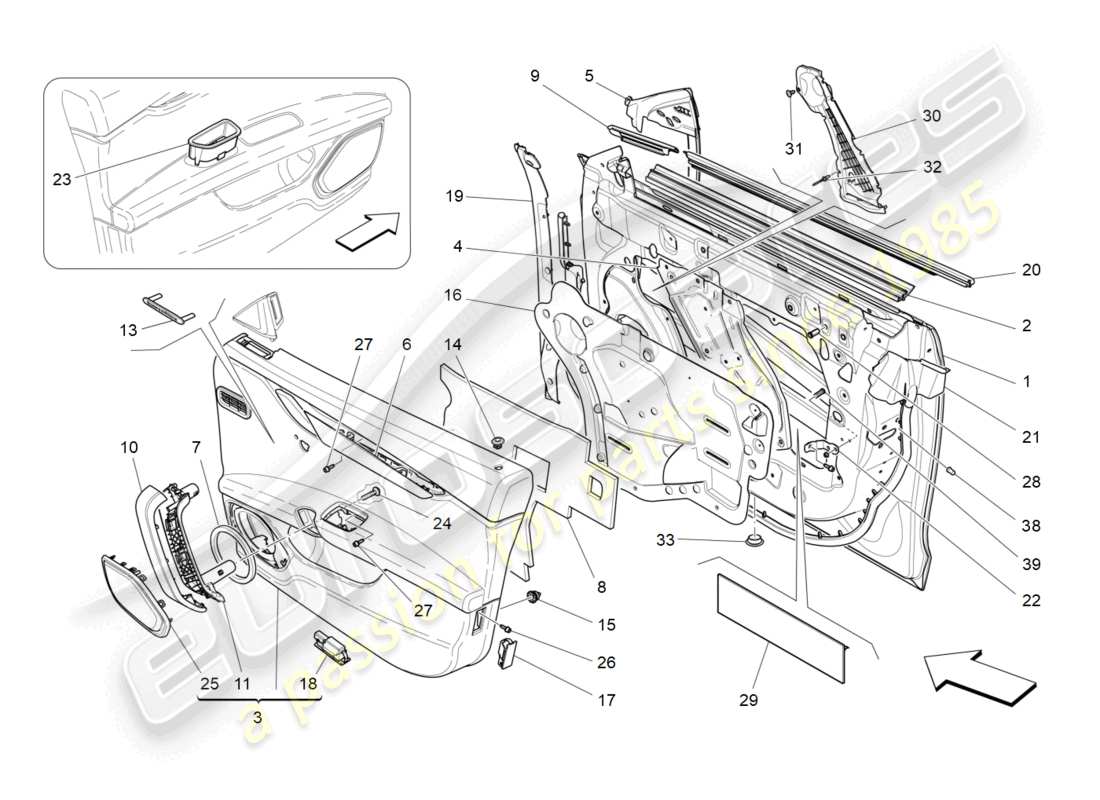 maserati ghibli (2016) front doors: trim panels parts diagram