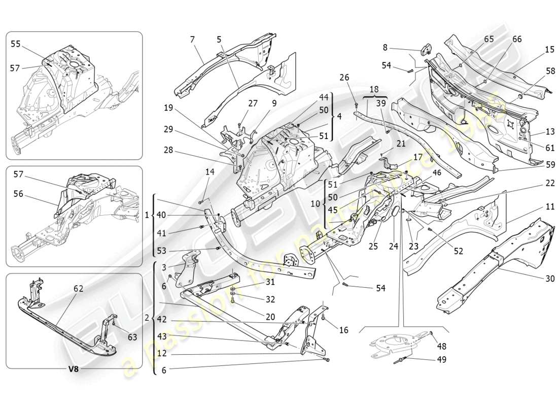 maserati ghibli (2016) front structural frames and sheet panels parts diagram