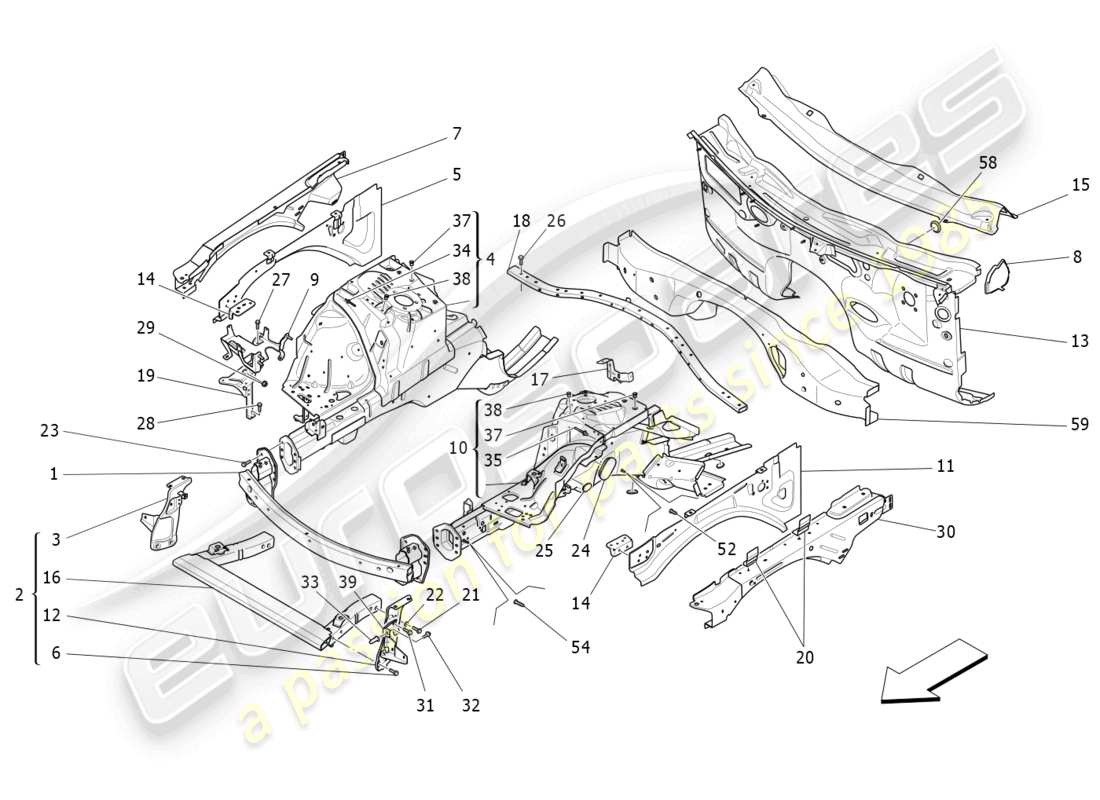 maserati levante trofeo (2020) front structural frames and sheet panels part diagram