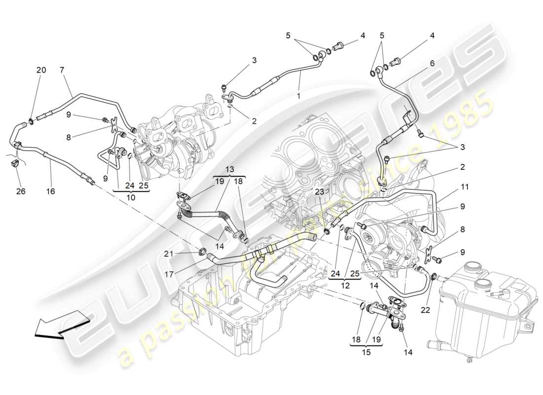 maserati ghibli (2014) turbocharging system: lubrication and cooling parts diagram