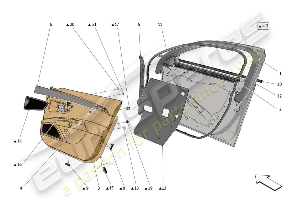 maserati grecale gt (2023) front doors: trim panels parts diagram