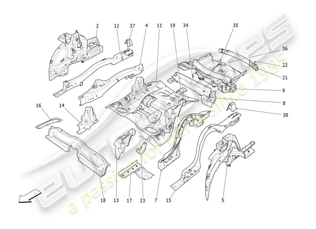 maserati levante (2019) rear structural frames and sheet panels parts diagram