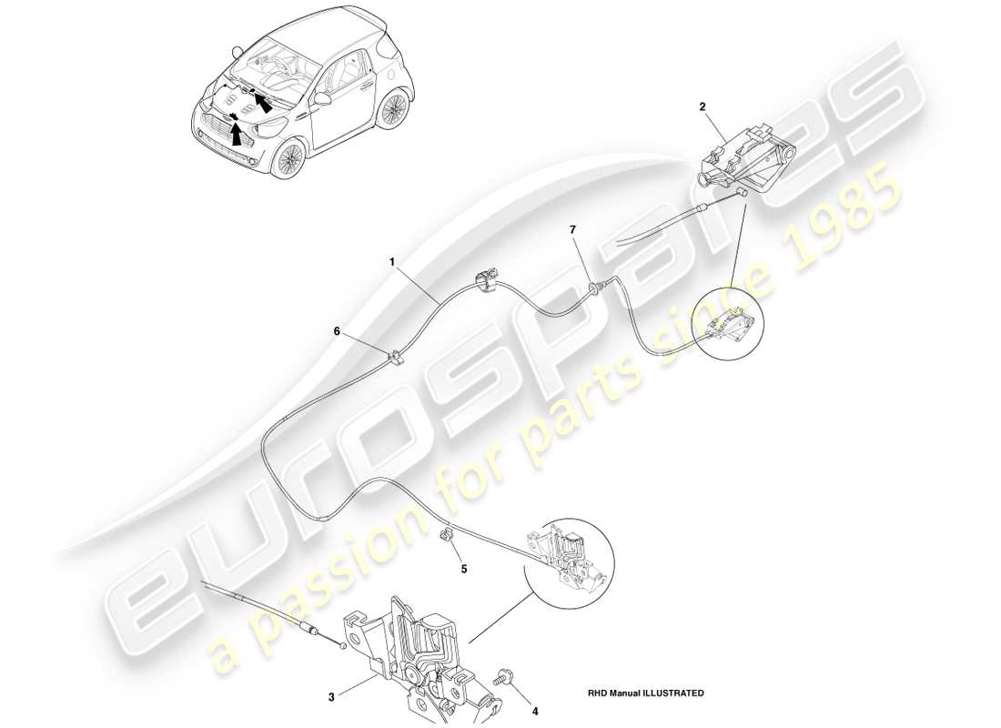 aston martin cygnet (2012) bonnet latch and actuation parts diagram