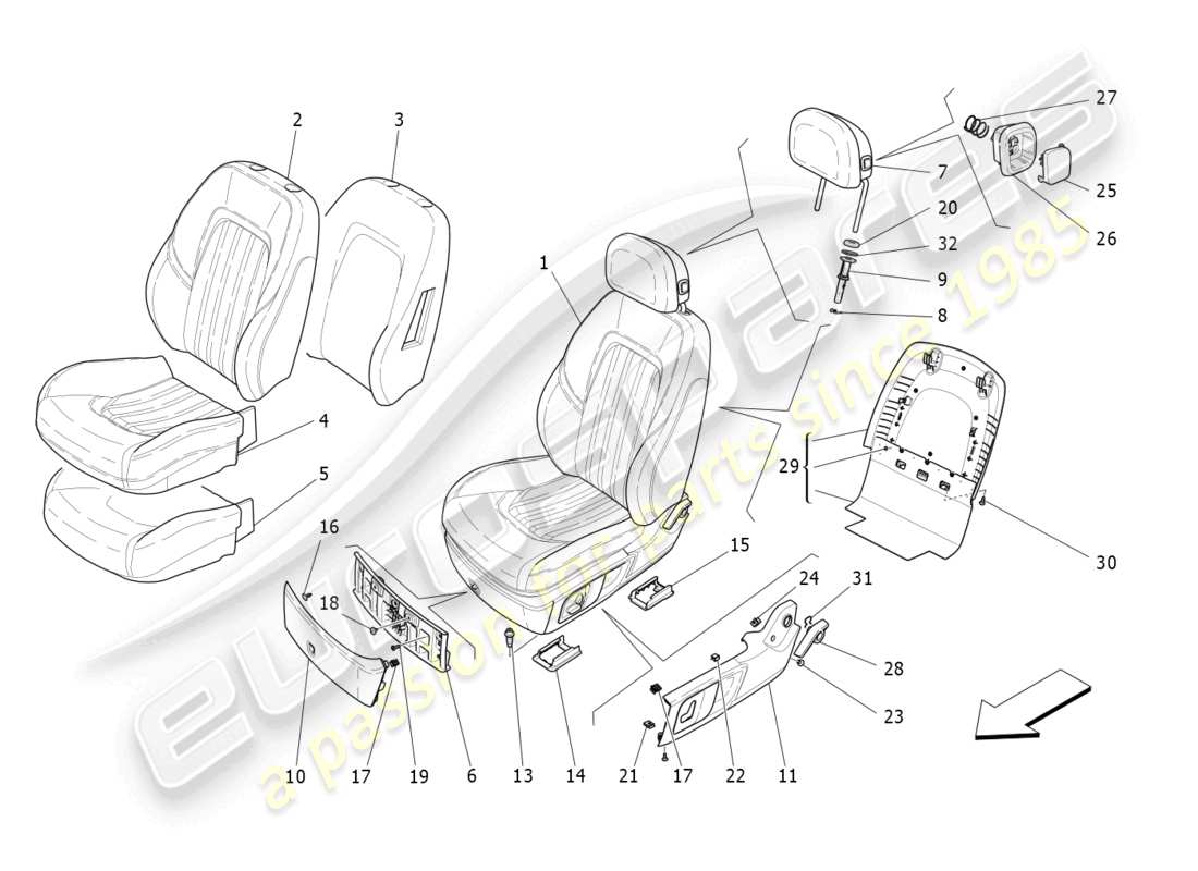 maserati ghibli (2014) front seats: trim panels part diagram