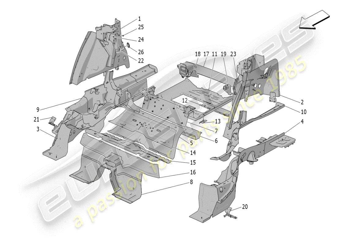 maserati grecale modena (2023) rear structural frames and sheet panels part diagram