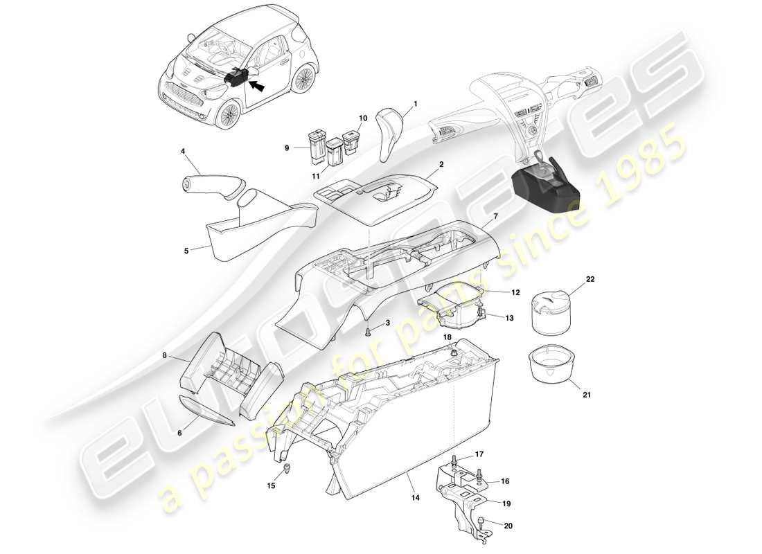 aston martin cygnet (2012) floor centre console - auto parts diagram