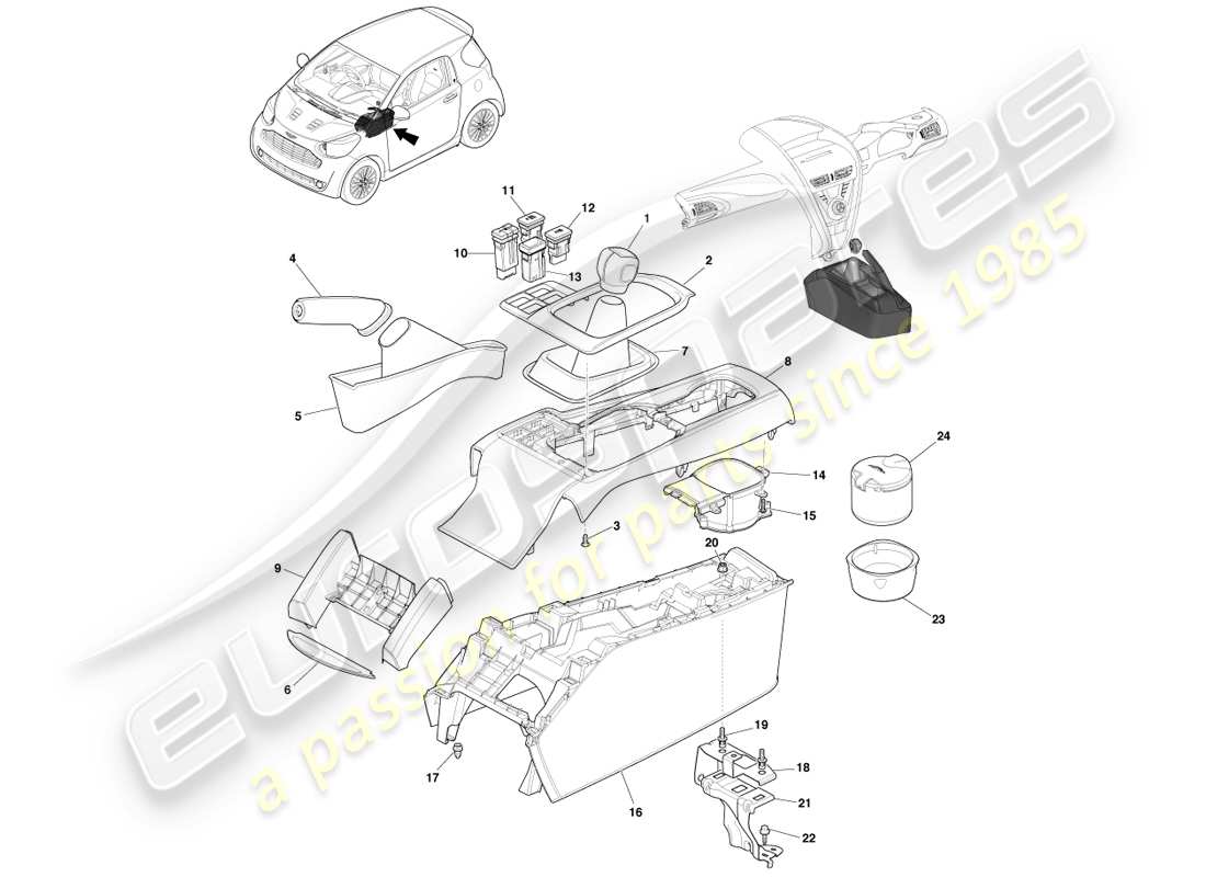 aston martin cygnet (2012) floor centre console - manual parts diagram