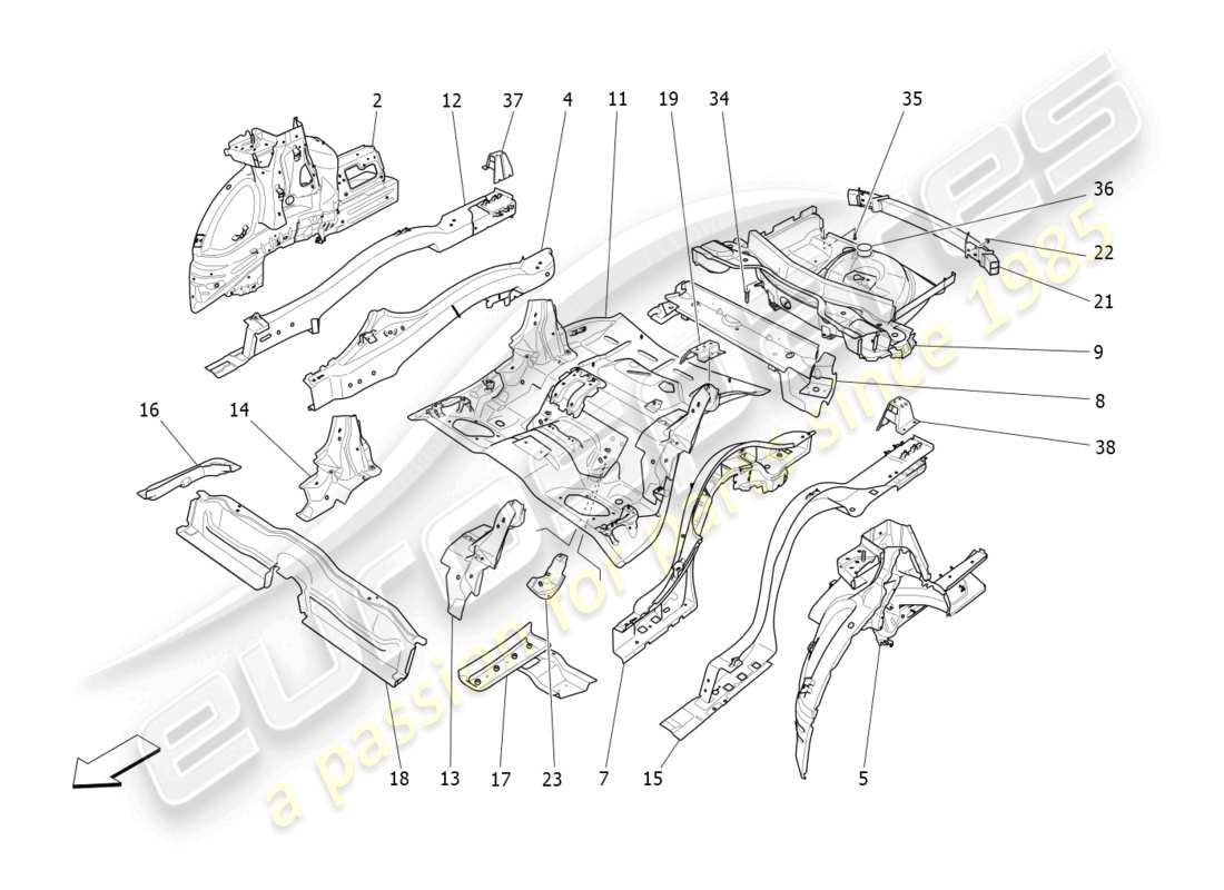 maserati levante modena (2022) rear structural frames and sheet panels parts diagram