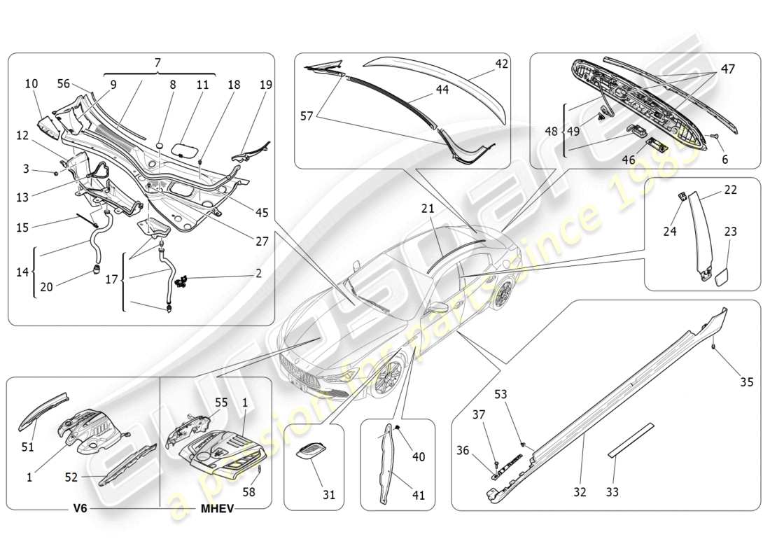 maserati ghibli (2014) shields, trims and covering panels part diagram