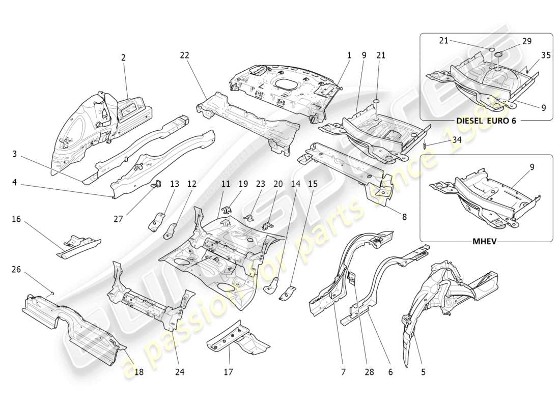 maserati ghibli (2014) rear structural frames and sheet panels part diagram