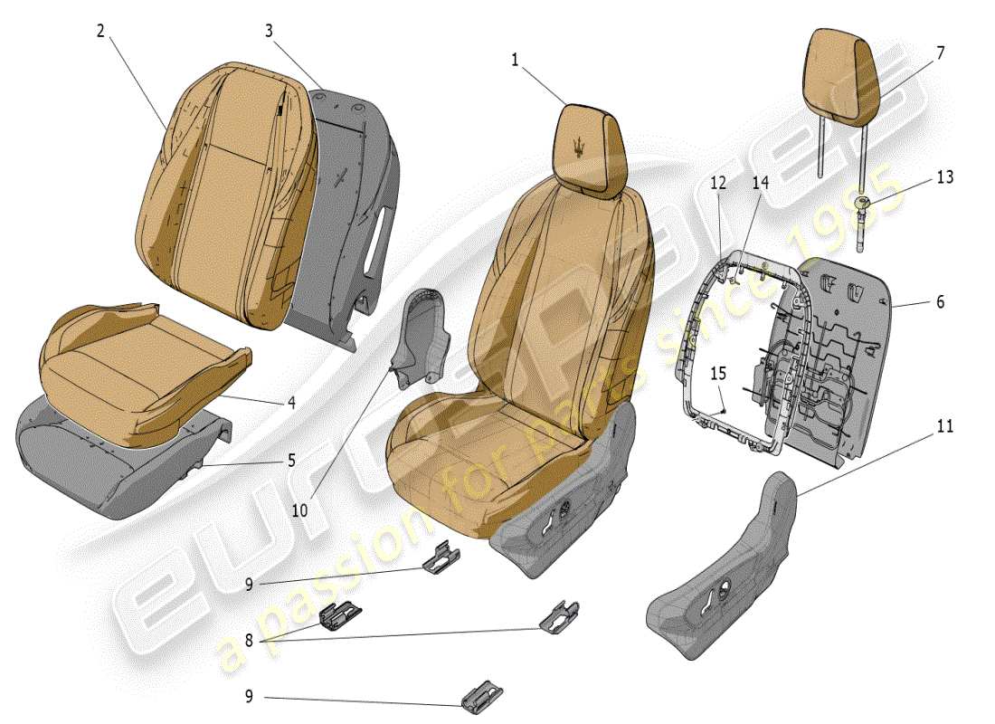 maserati grecale modena (2023) front seats: trim panels parts diagram