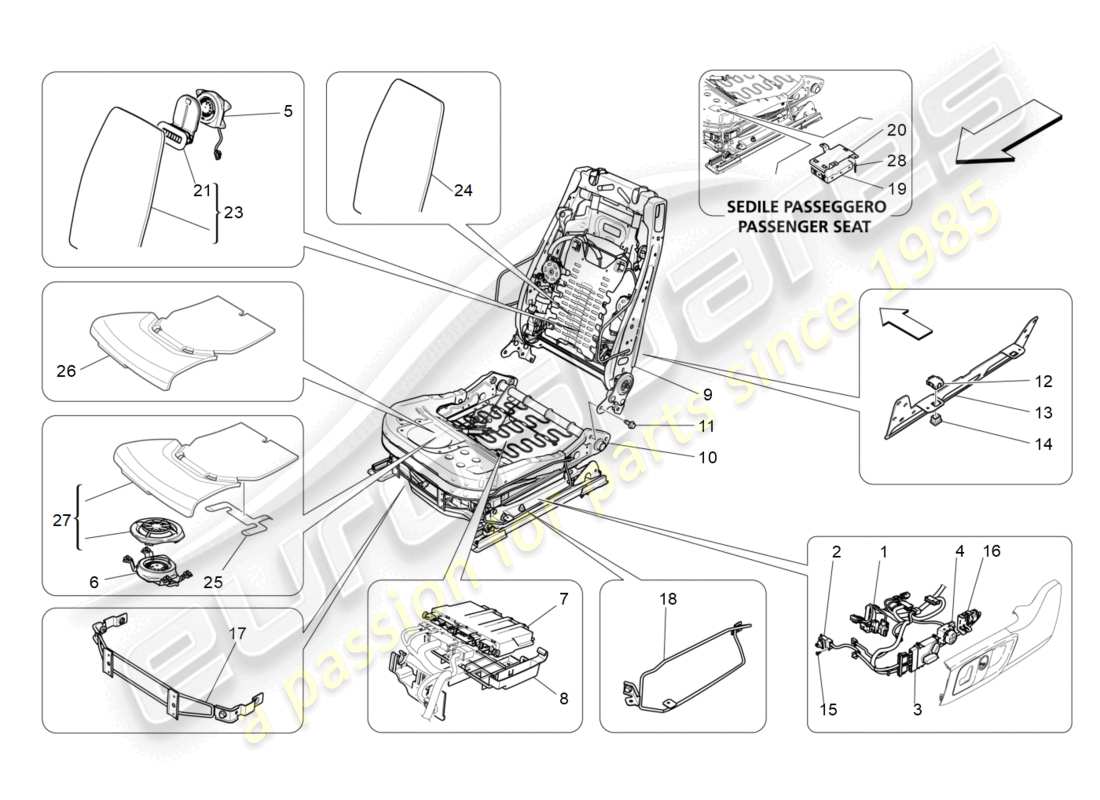 maserati ghibli (2016) front seats: mechanics and electronics parts diagram