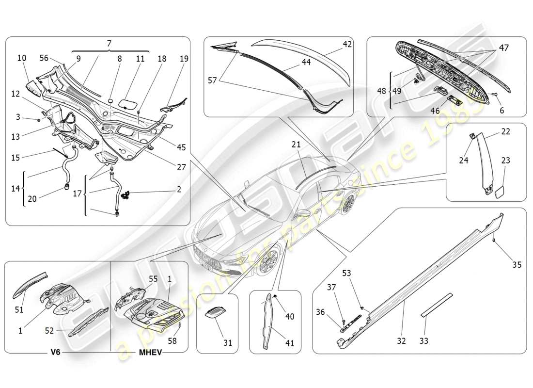 maserati ghibli (2018) shields, trims and covering panels part diagram