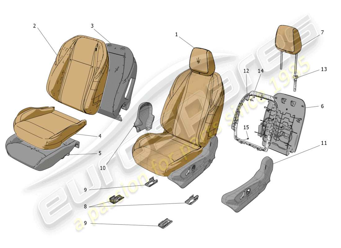 maserati grecale gt (2023) front seats: trim panels parts diagram