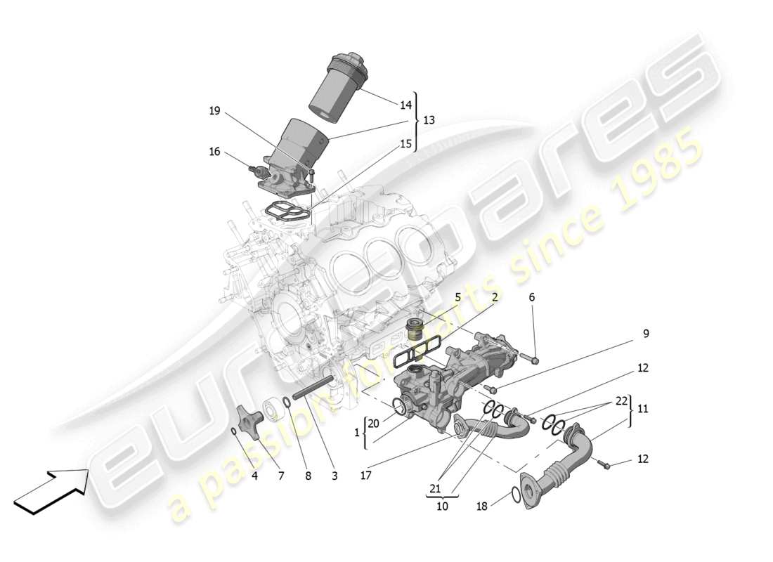 maserati mc20 (2022) lubrication system: pump and filter part diagram