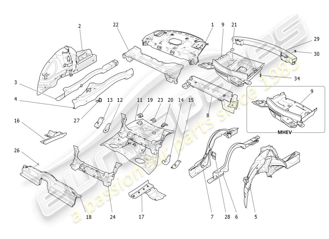 maserati ghibli (2014) rear structural frames and sheet panels part diagram