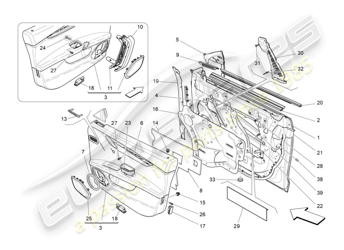 maserati ghibli (2014) front doors: trim panels parts diagram