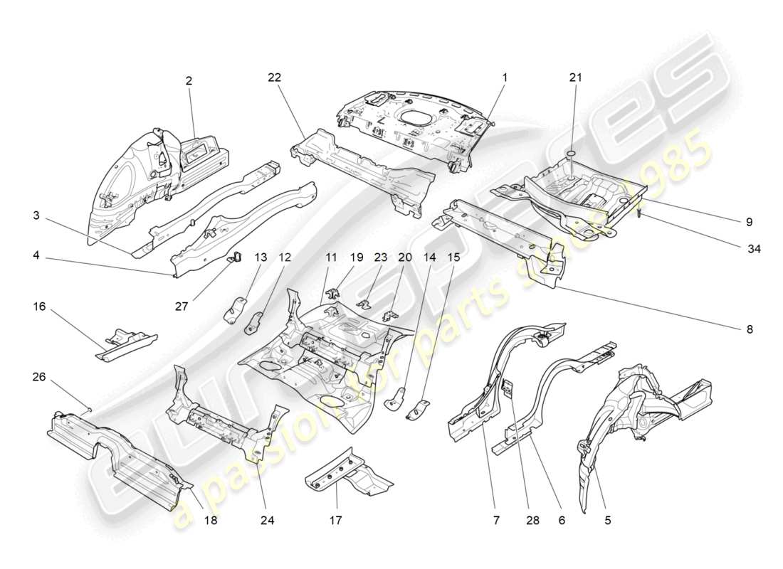 maserati ghibli (2014) rear structural frames and sheet panels part diagram