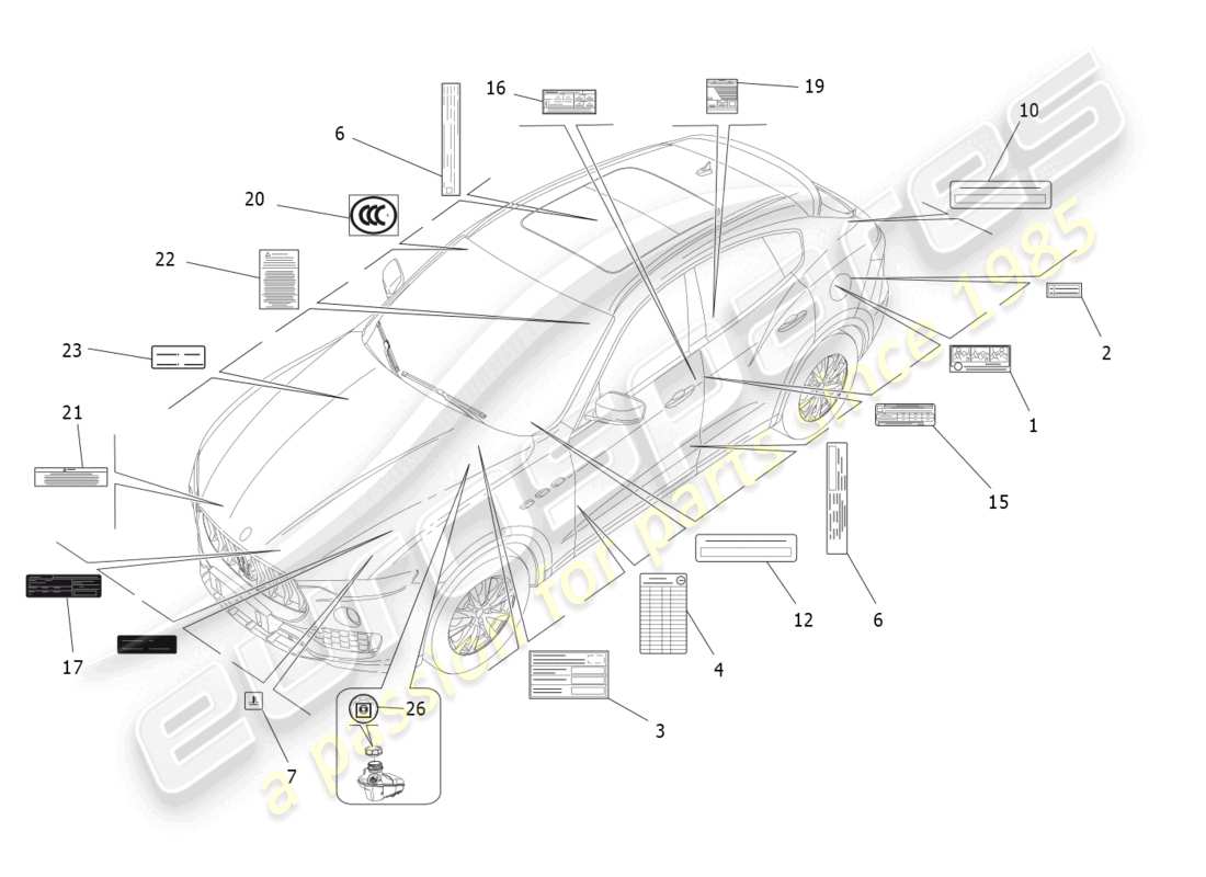 maserati levante modena s (2022) stickers and labels parts diagram