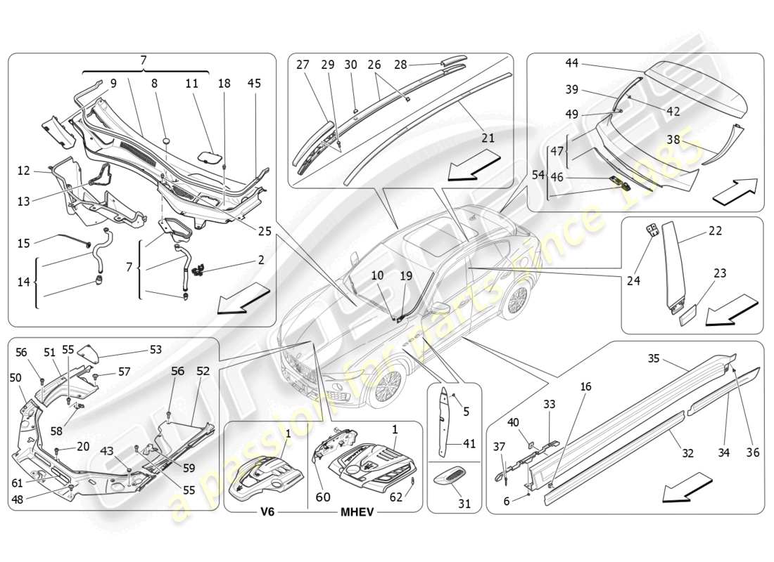 maserati levante (2020) shields, trims and covering panels part diagram