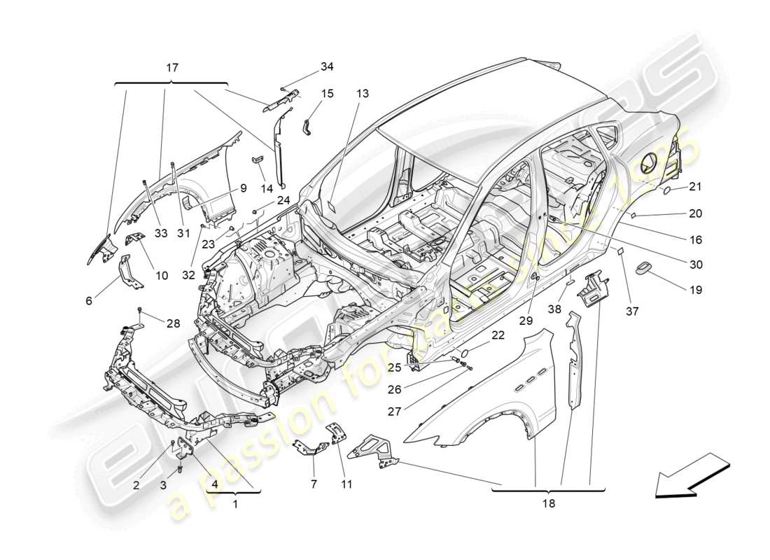 maserati levante (2020) bodywork and front outer trim panels part diagram