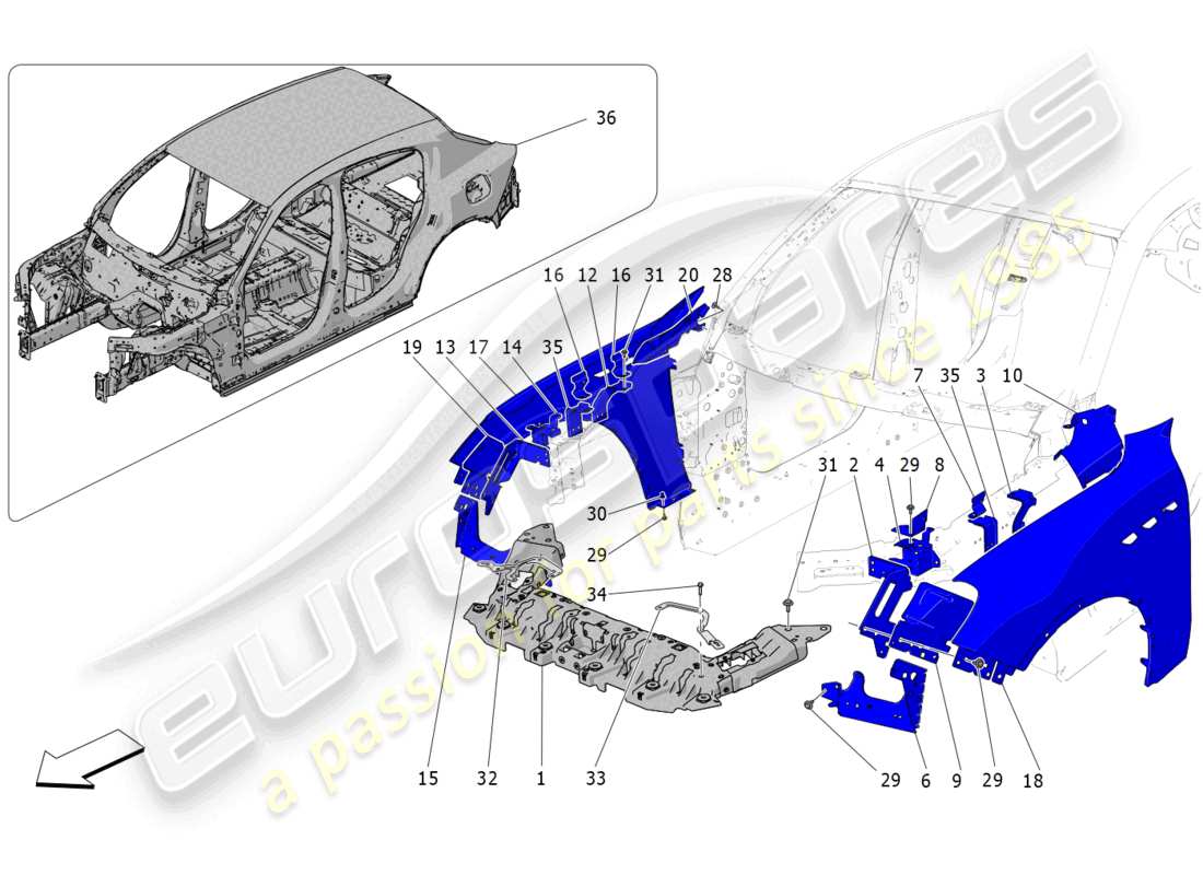 maserati grecale gt (2023) bodywork and front outer trim panels part diagram