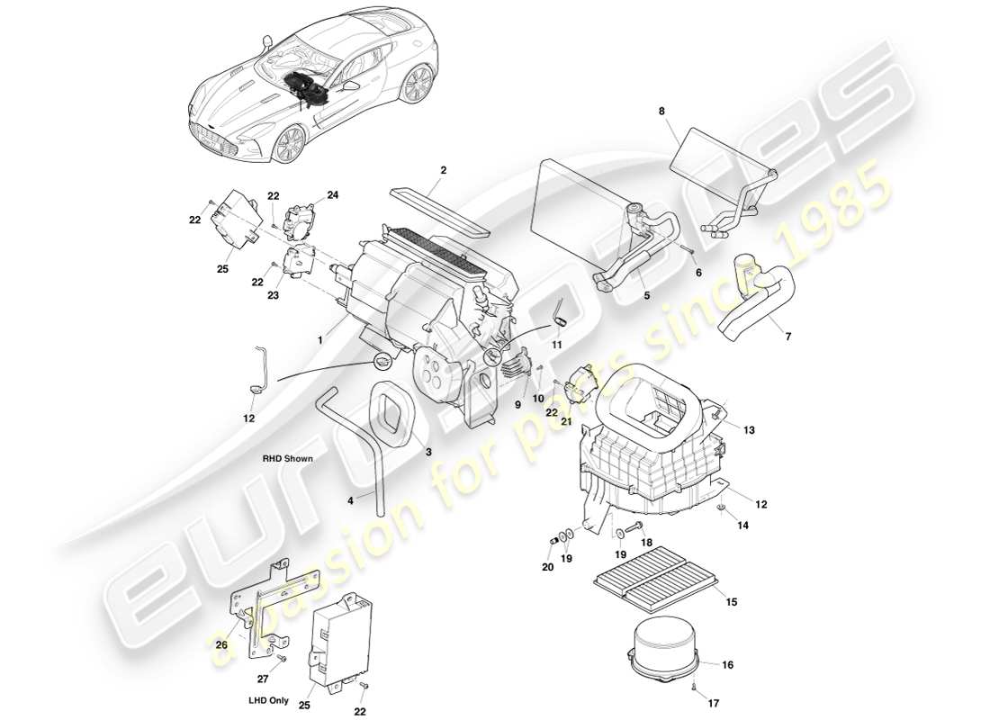 aston martin one-77 (2011) evaporator & heater part diagram