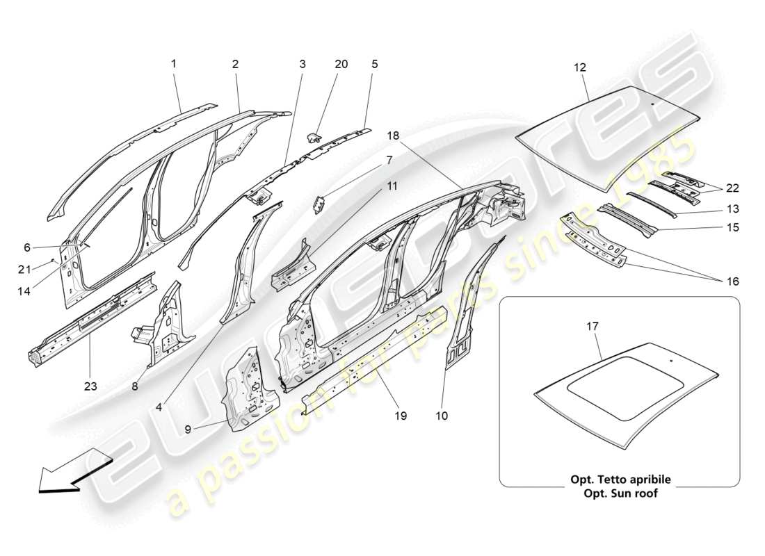 maserati levante gt (2022) bodywork and central outer trim panels part diagram