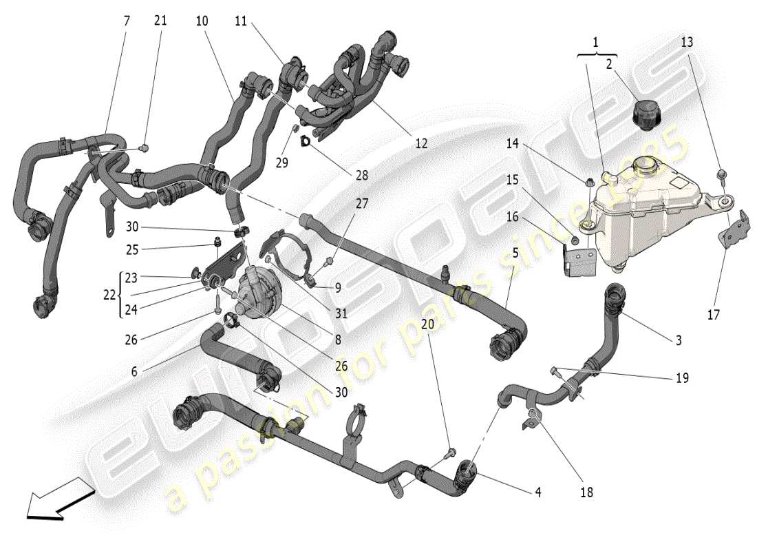 maserati grecale modena (2023) cooling system: nourice and lines part diagram