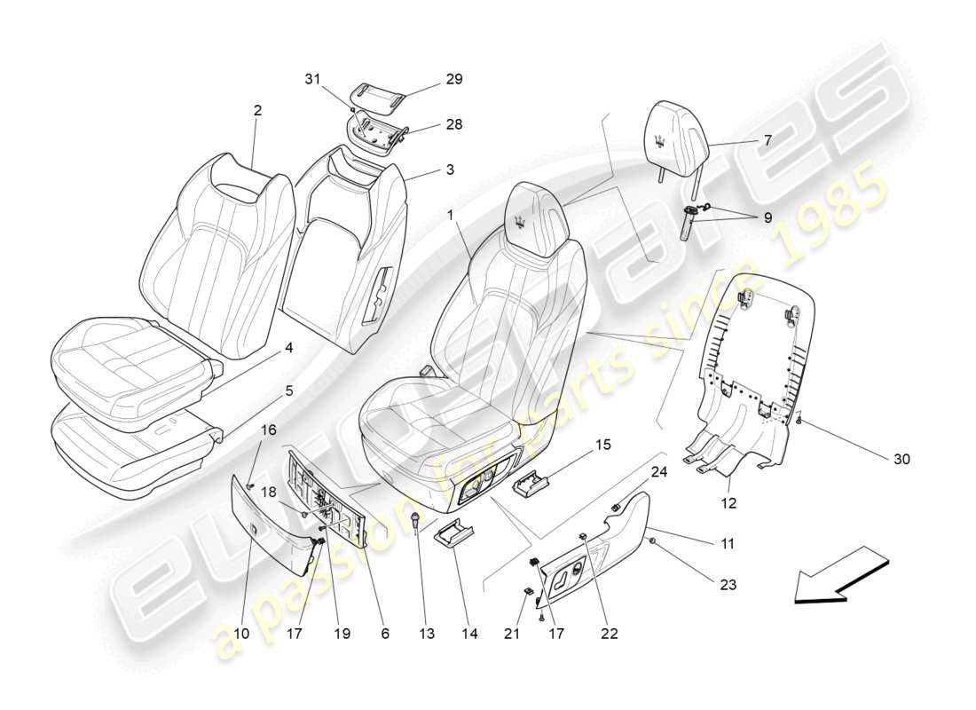 maserati levante zenga (2020) front seats: trim panels part diagram