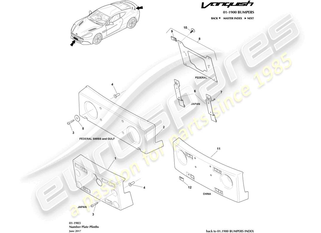 aston martin vanquish (2018) number plate plinths part diagram