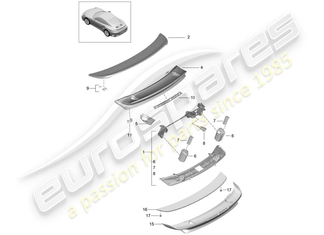 porsche 991 turbo (2018) rear spoiler parts diagram