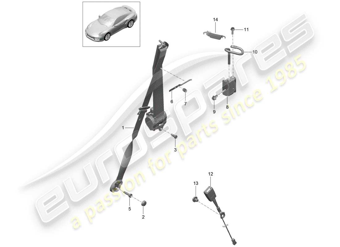 porsche 991 turbo (2018) three-point seat belt parts diagram