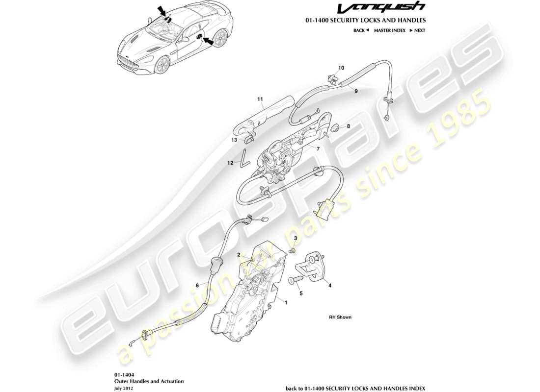 aston martin vanquish (2018) outer handles & actuation part diagram