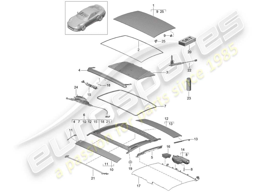 porsche 991 turbo (2018) glass sliding roof parts diagram
