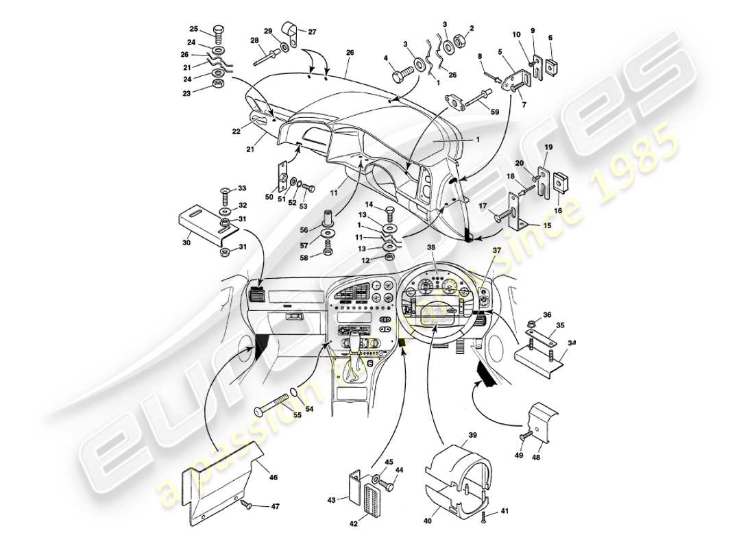 aston martin v8 volante (1998) fascia & trim part diagram