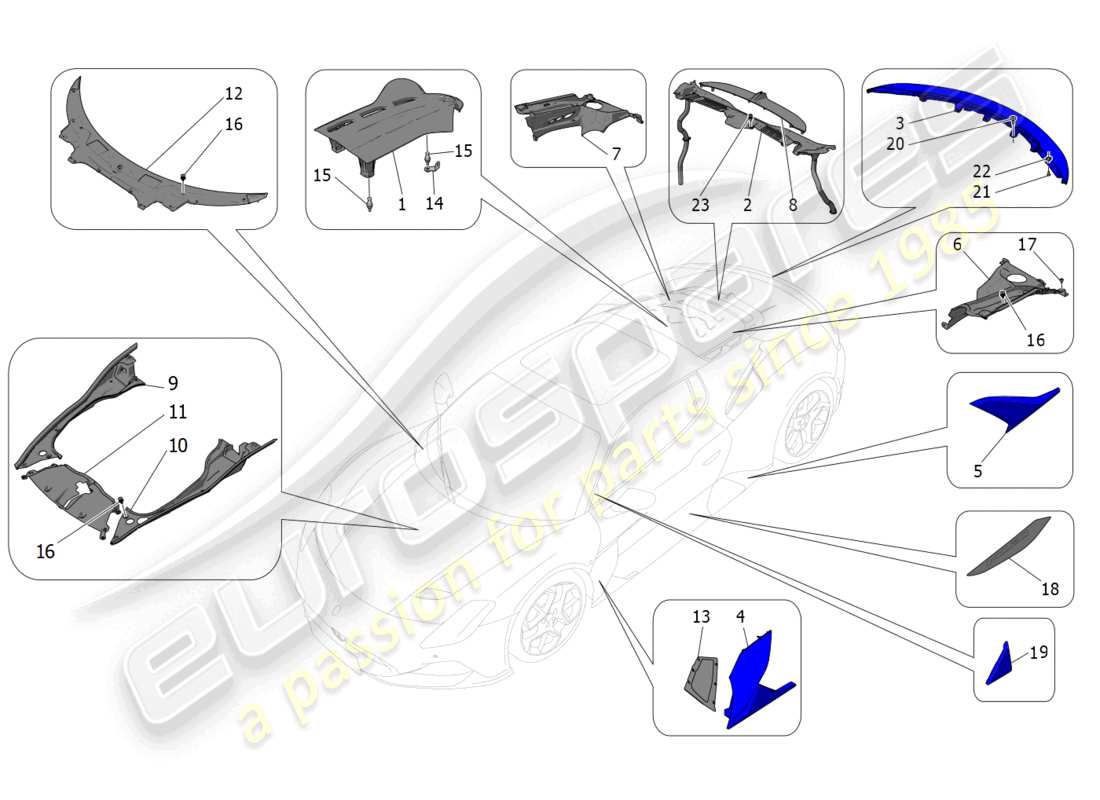 maserati mc20 (2022) shields, trims and covering panels parts diagram