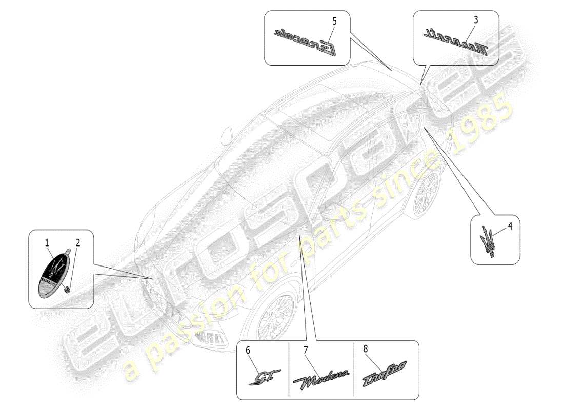 maserati grecale modena (2023) trims, brands and symbols part diagram