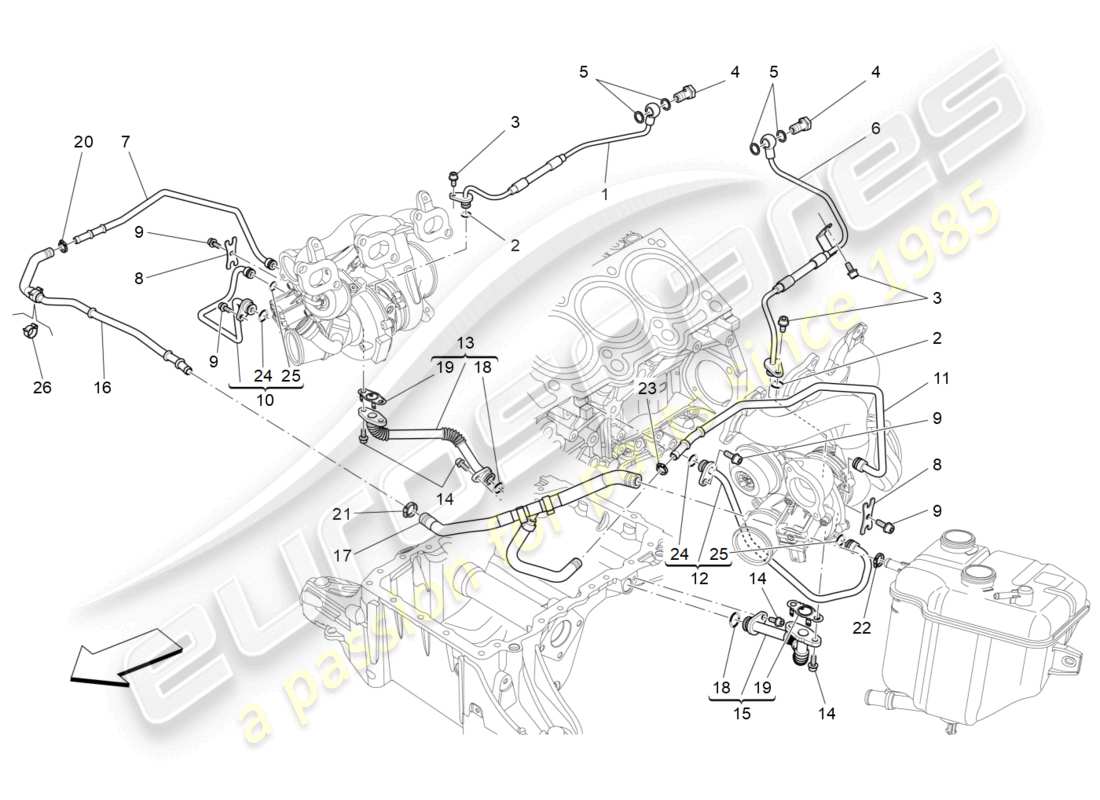 maserati levante (2017) turbocharging system: lubrication and cooling parts diagram