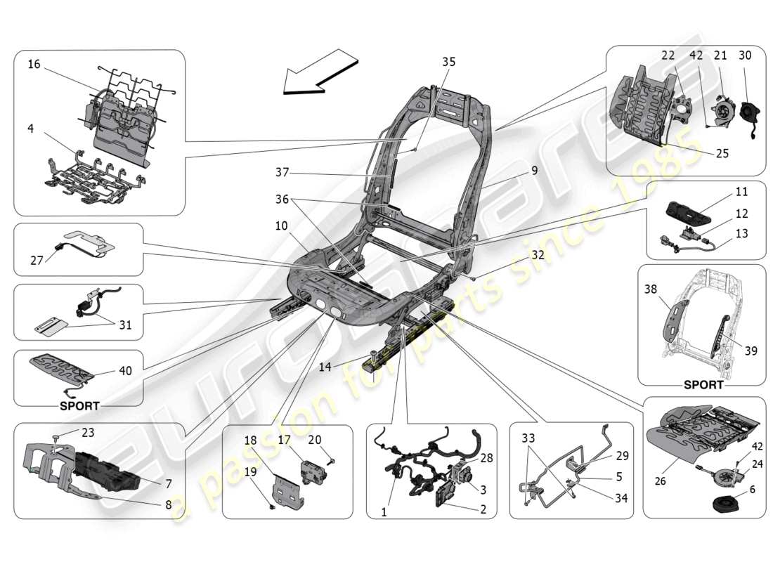 maserati grecale gt (2023) front seats: mechanics and electronics parts diagram