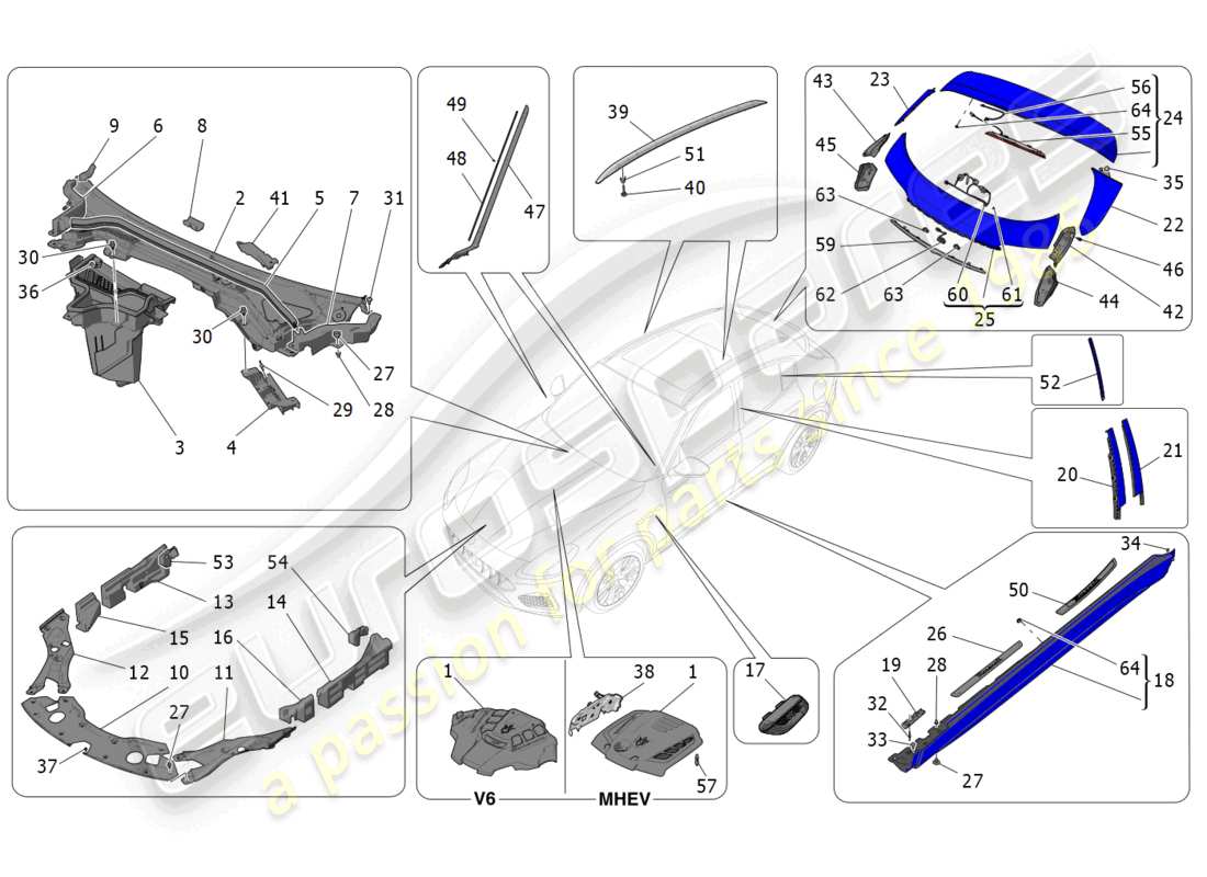 maserati grecale gt (2023) shields, trims and covering panels parts diagram