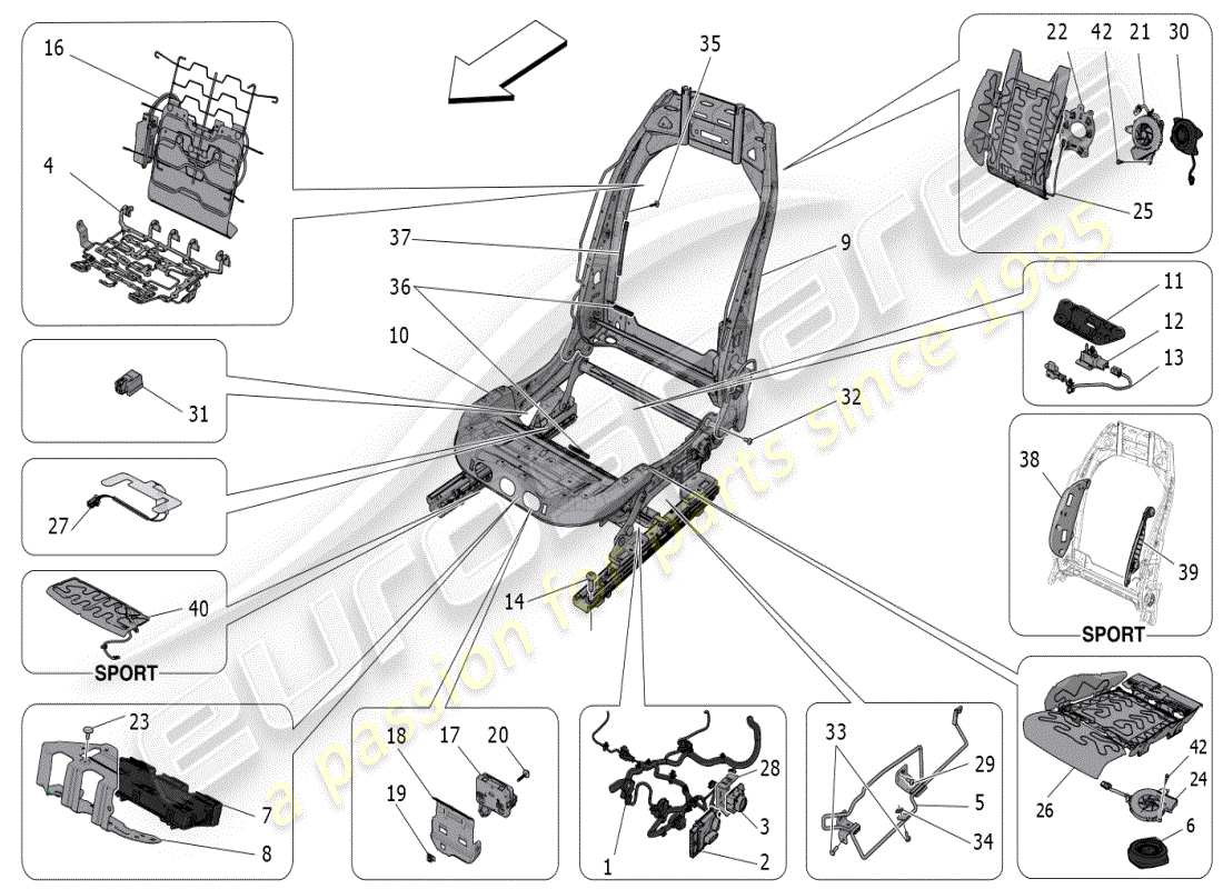 maserati grecale modena (2023) front seats: mechanics and electronics part diagram