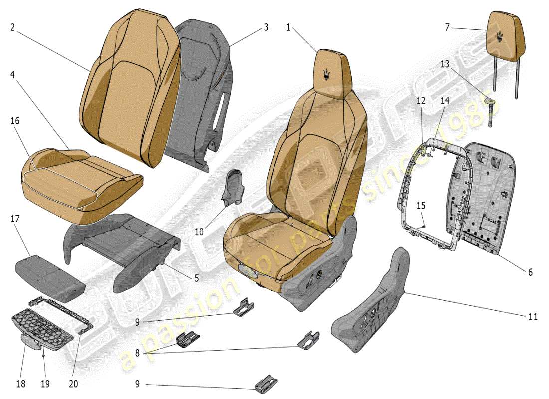 maserati grecale modena (2023) front seats: trim panels part diagram