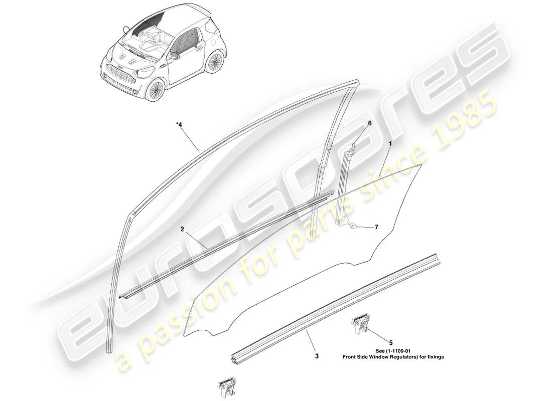 aston martin cygnet (2012) front door glass parts diagram